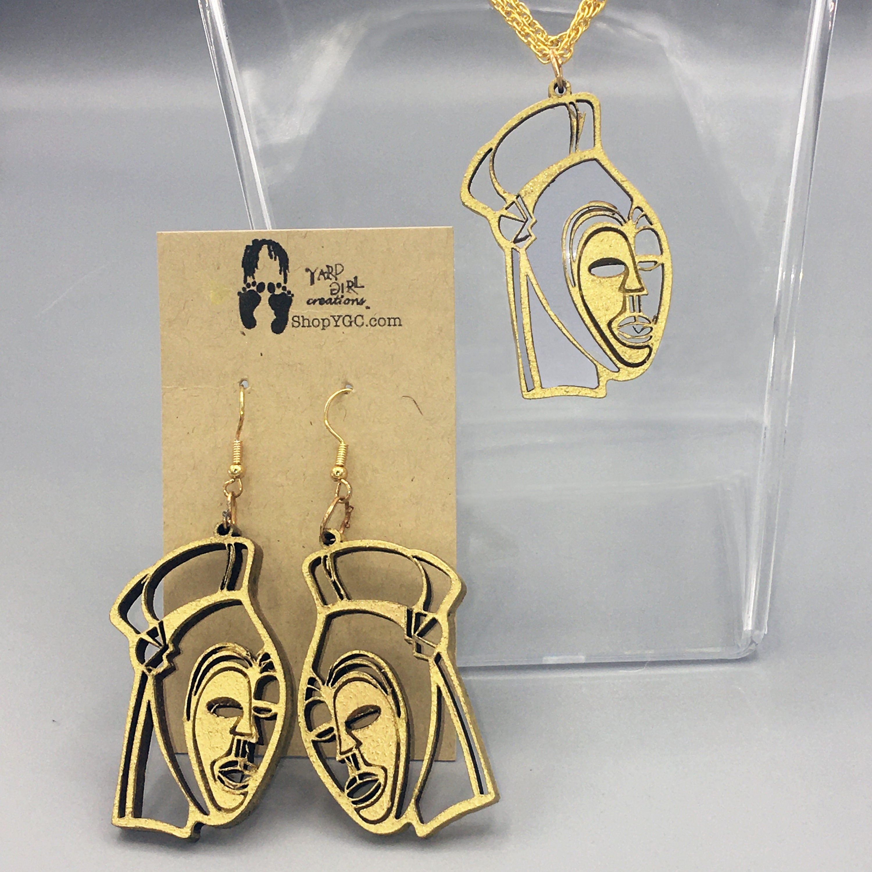 African Mask Inspired Wood Earrings