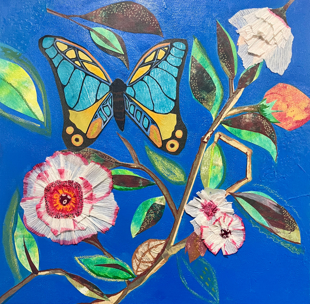 Butterfly & White Flowers | Mixed Media Collage