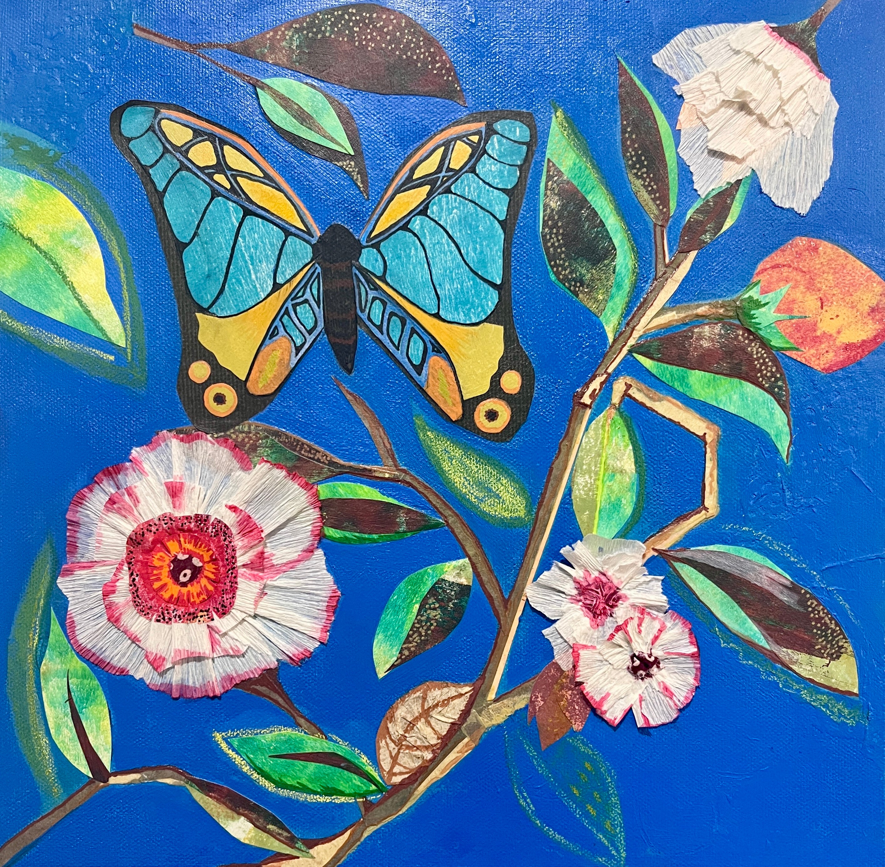 Butterfly & White Flowers | Mixed Media Collage