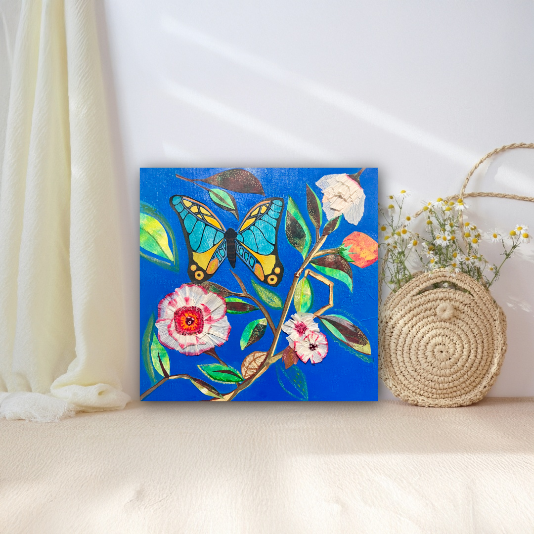 Butterfly & White Flowers | Mixed Media Collage