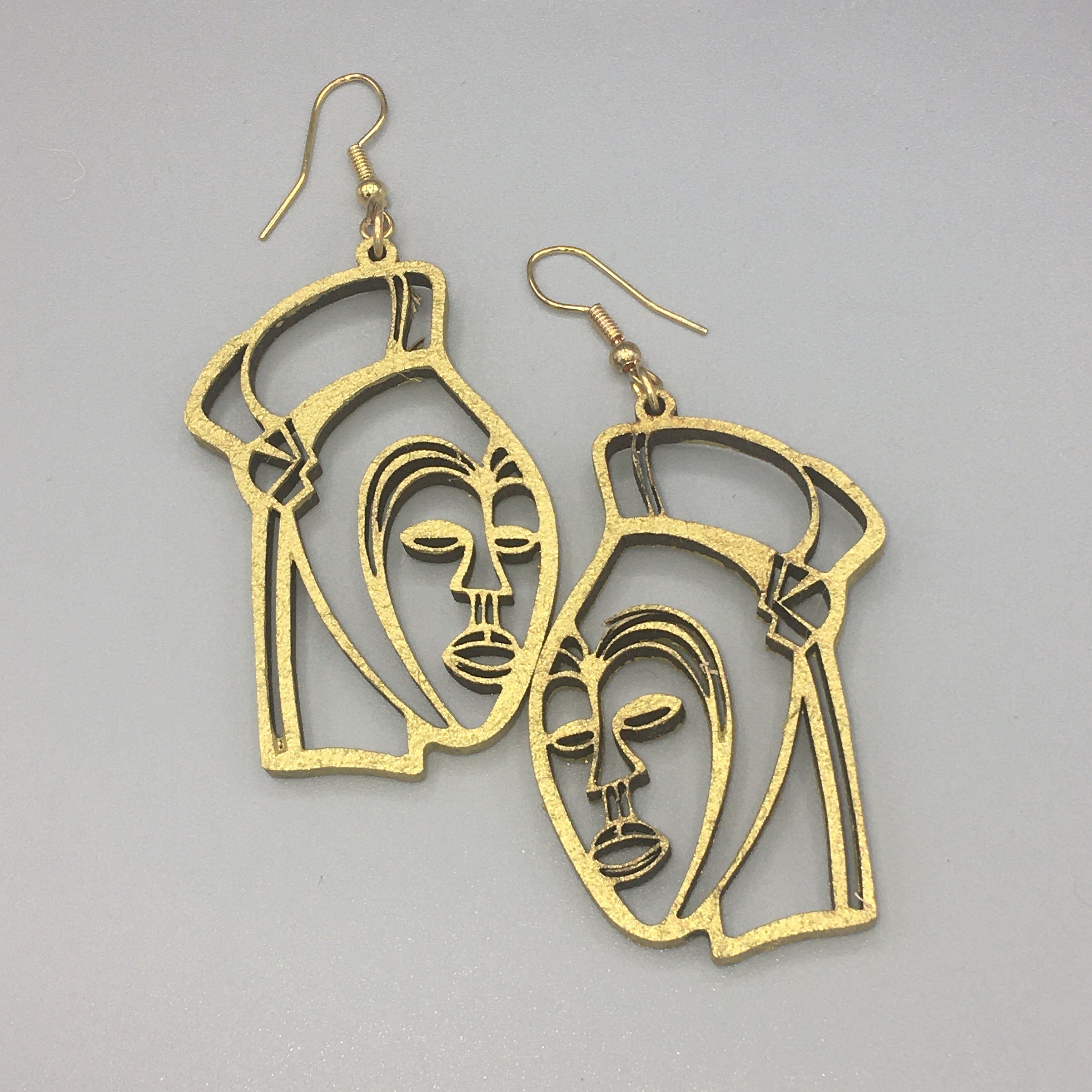 African Mask Inspired Wood Earrings