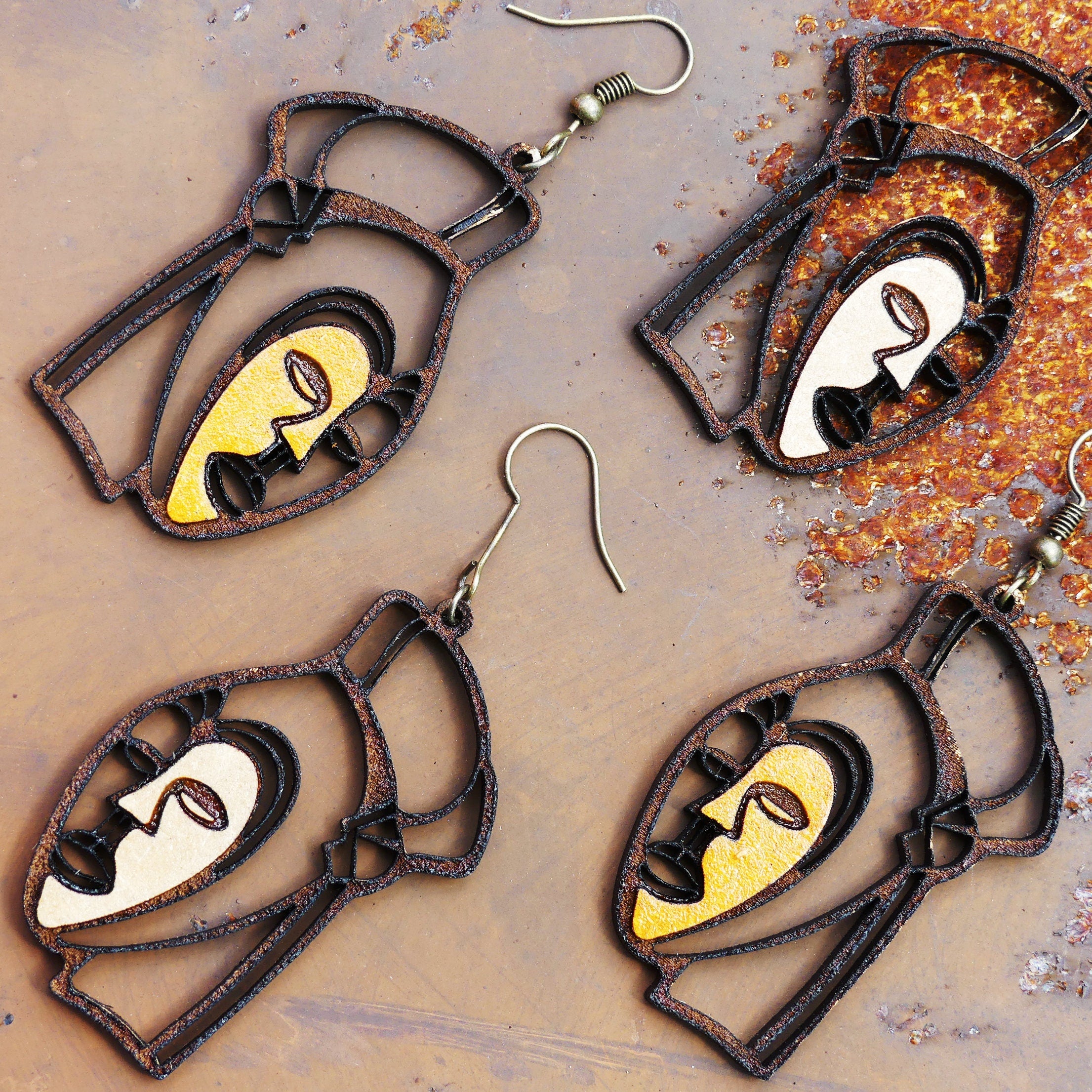 African Mask Inspired Wood Earrings